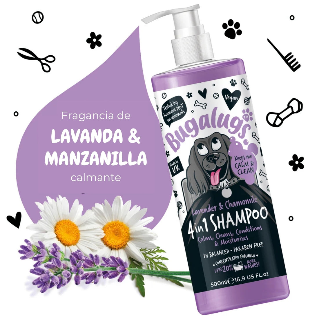 Shampoo Mascotas 4 En 1 Lavanda Manzanilla Bugalugs
